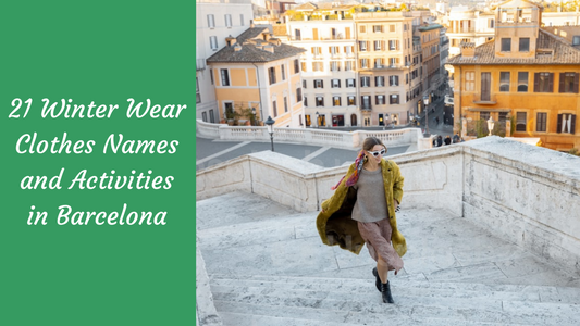 Woman in winter coat and boots walking up marble stairs in Barcelona with city buildings in the background.