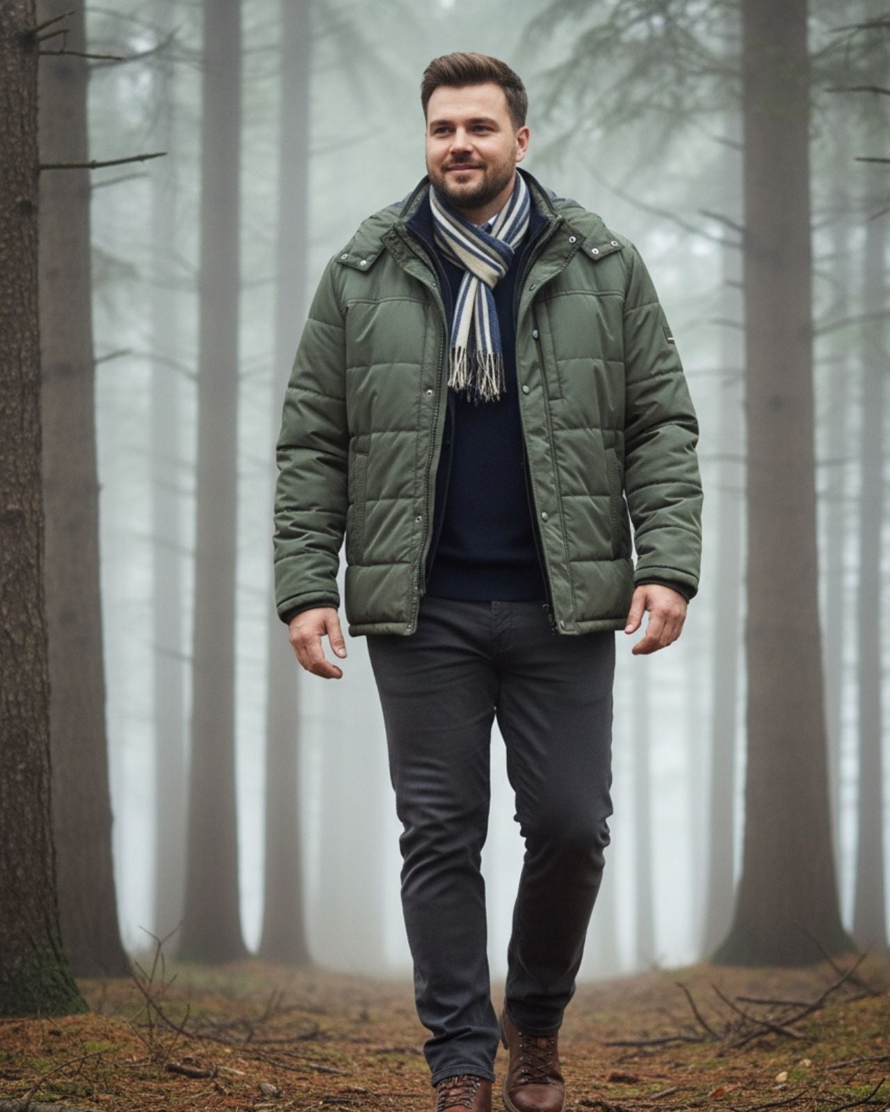 Man wearing a green quilted jacket in a forest setting