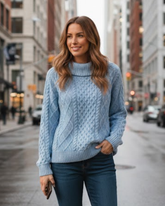 Women’s Sky Blue Polo Neck Textured Sweater