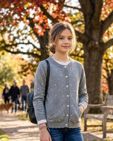 Girls Grey Polka Dot Round Neck Button-Down Cardigan