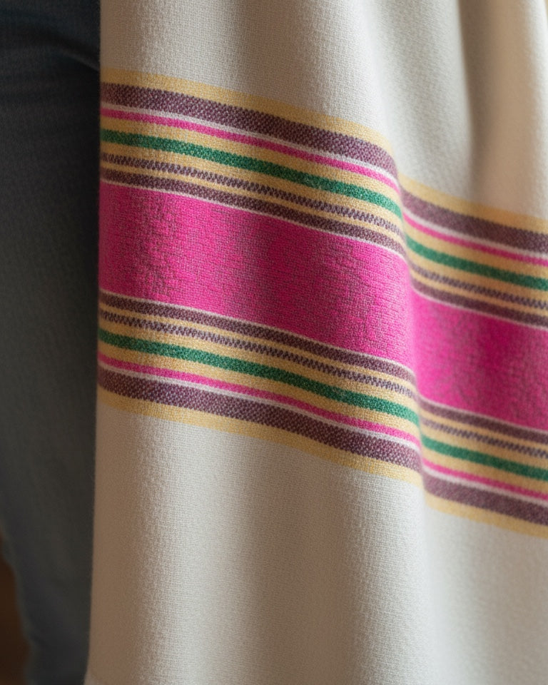 Close-up of sheep wool Himachali Stole with colorful striped pattern on a beige background