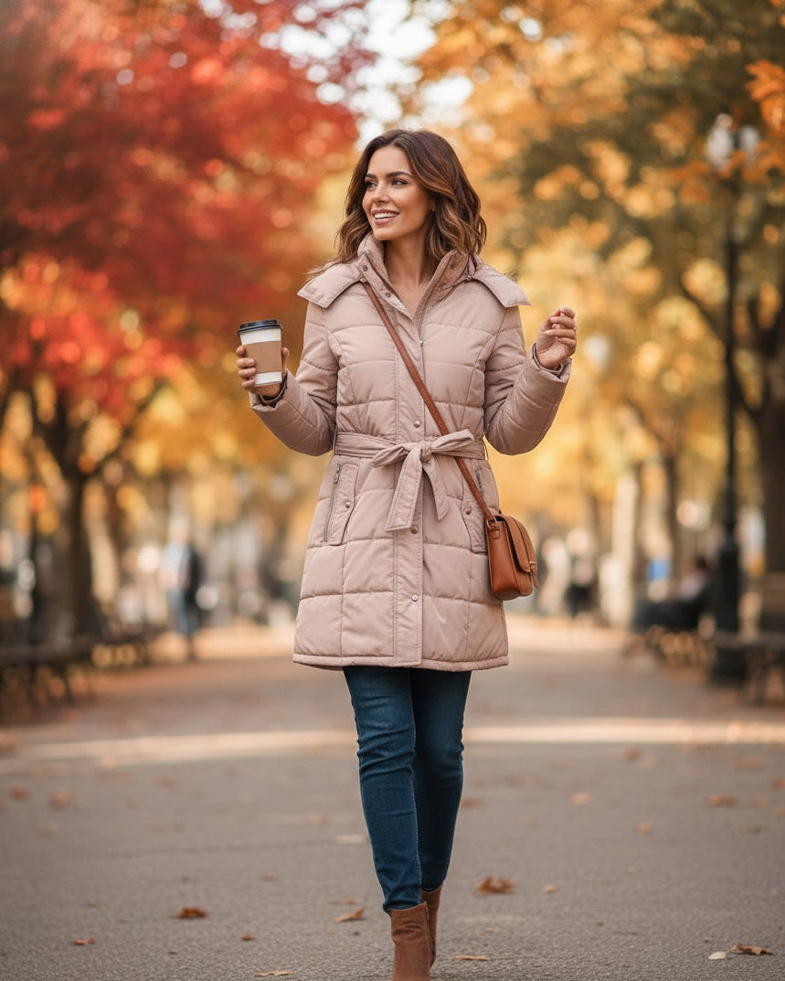 Woman in a pink parka jacket walking outdoors with autumn trees in the background
