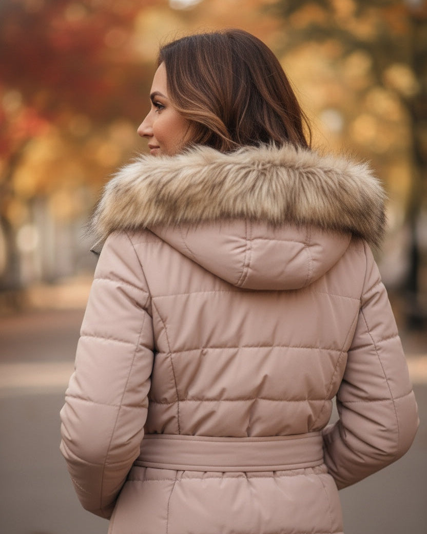 Woman wearing a pink parka coat with a fur-lined hood in an autumn setting.