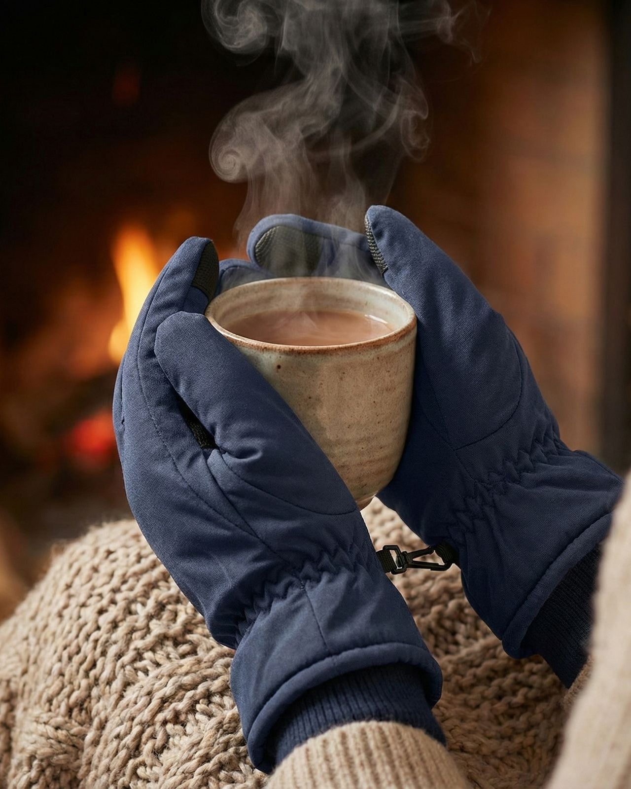 Person wearing navy waterproof gloves holding a steaming mug in front of a fireplace