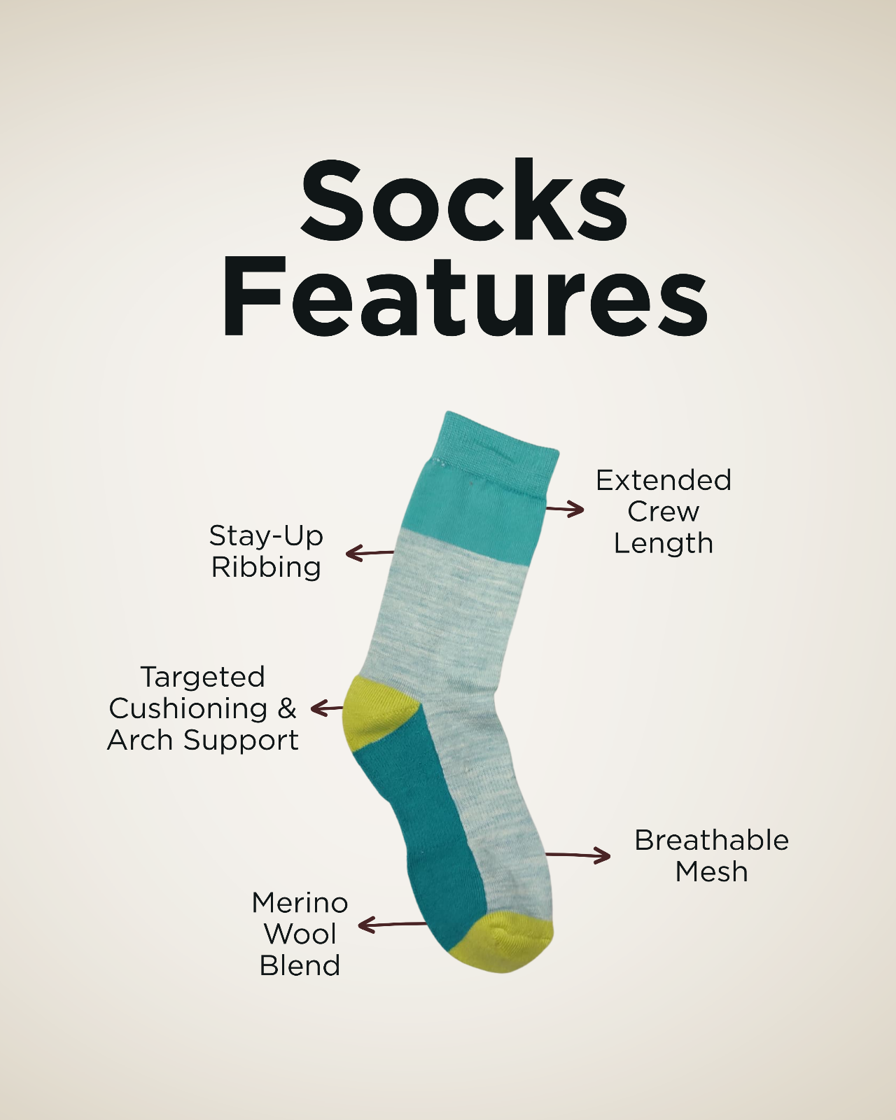 Sock with labeled features on a beige background