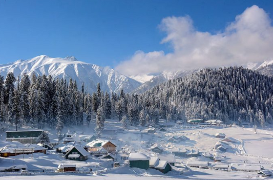 A snowy landscape in Gulmarg, with snow-covered trees and mountains under a clear blue sky, creating a serene and beautiful winter scene.