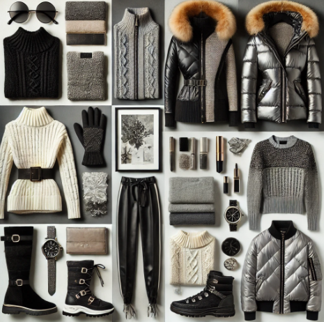 A collection of winter fashion staples, including a cozy puffer jacket, insulated boots, and thermal gloves, laid out for a stylish cold-weather adventure.