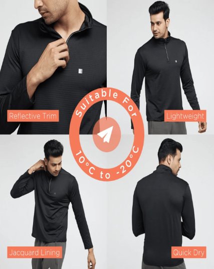 Man wearing a sustainable, moisture-wicking, quick-dry quarter-zip running tee, crafted for comfort and performance, ideal for outdoor workouts and runs.