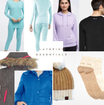 Collage showcasing Kosha layering essentials: merino wool base layers, cozy mid-layers, and weatherproof outerwear.