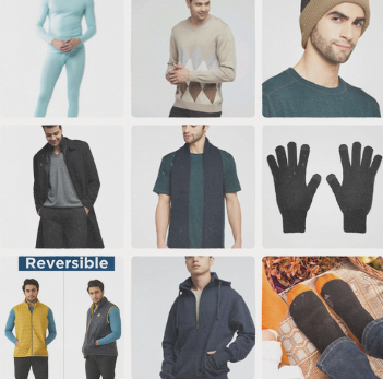 Collage of essential winter wear for men, featuring thermals, coats, sweaters, scarves, gloves, and beanie.