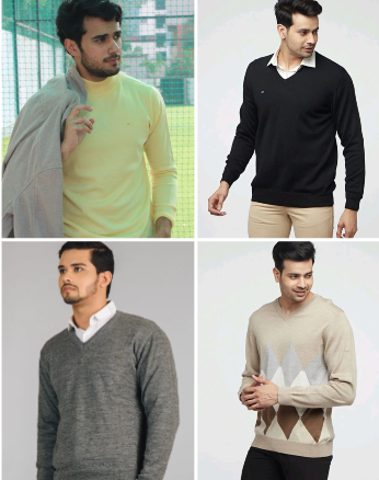 Collage of 4 men's pullovers: crew neck, turtleneck, V-neck