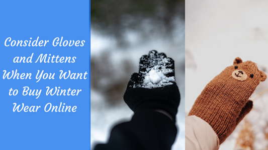 Close-up of winter gloves and mittens in the snow beside a text panel about buying winter wear online.
