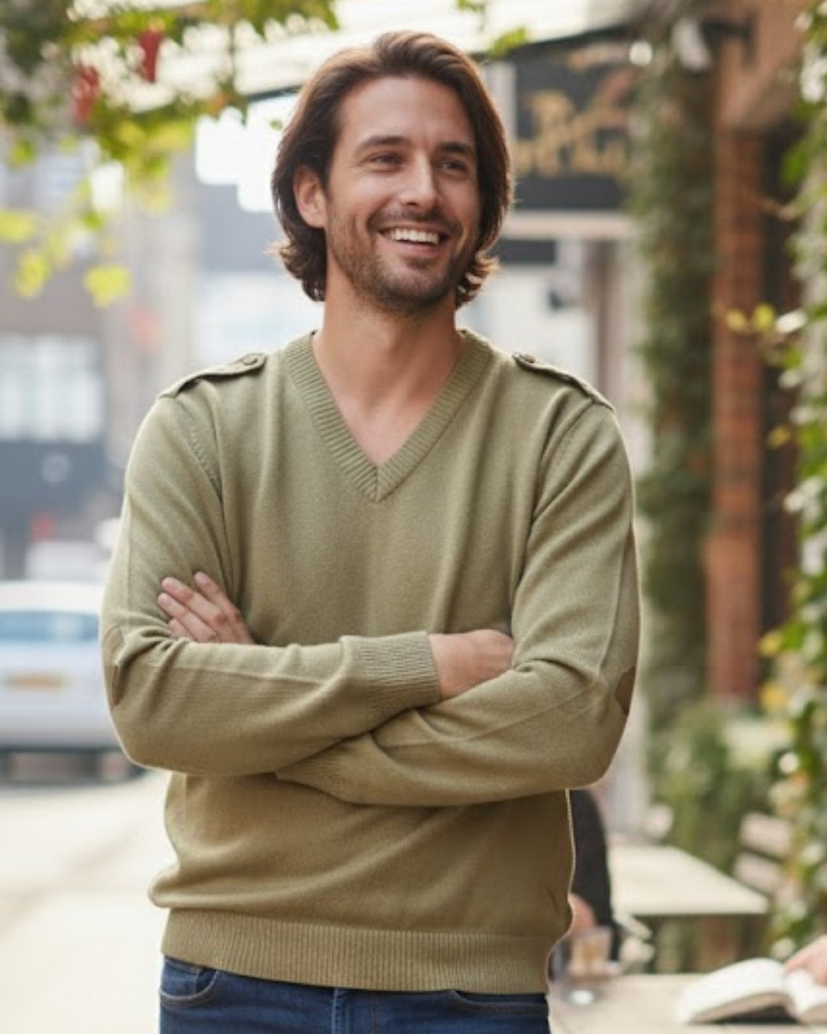 Men’s Khaki V-Neck Sweater with Elbow Patches & Epaulettes