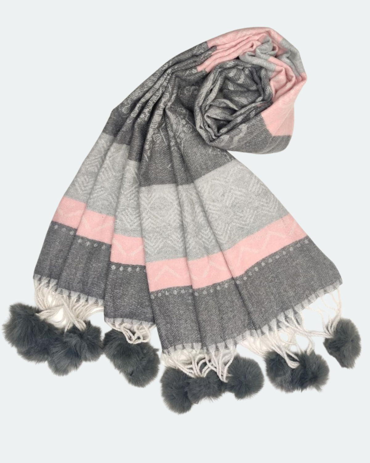 Woollen Stole with Pom Poms & Snowflake Pattern