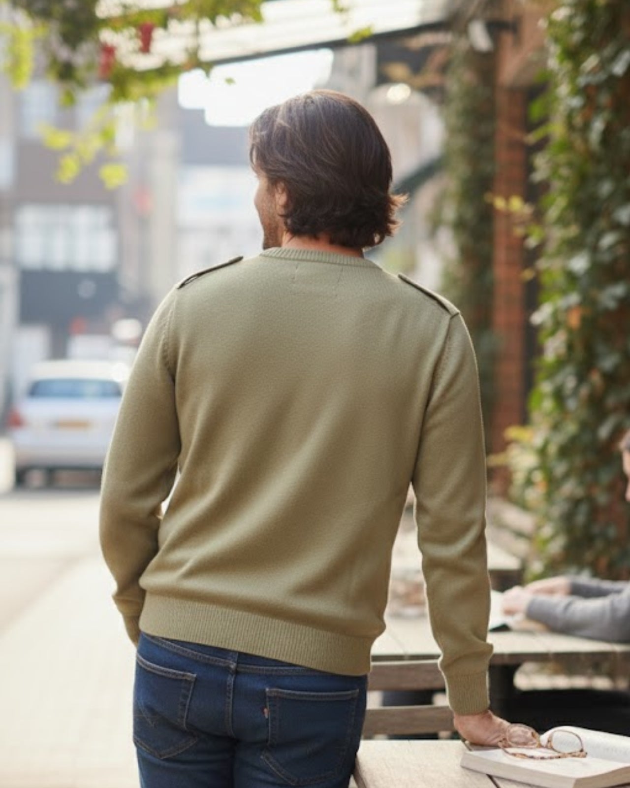 Men’s Khaki V-Neck Sweater with Elbow Patches & Epaulettes