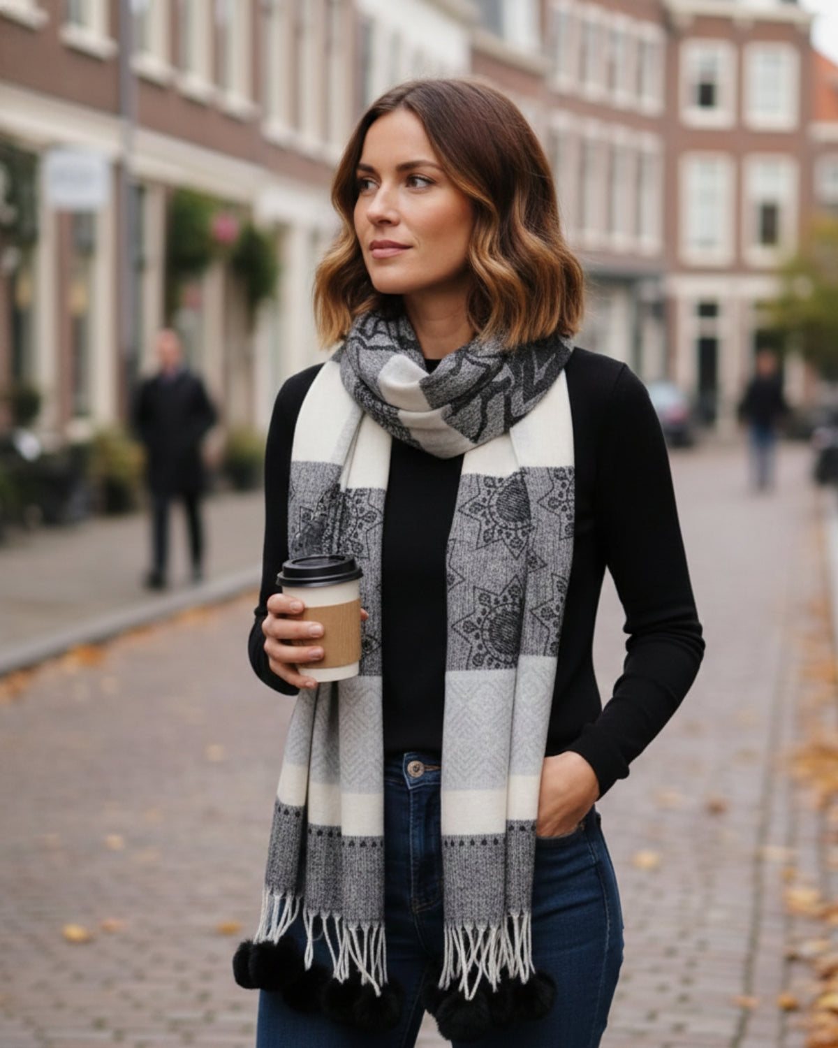 Woollen Stole with Pom Poms & Snowflake Pattern