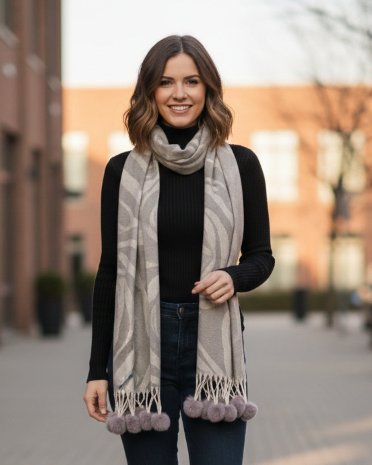 Swirl Patterned Stole with Pom-Pom
