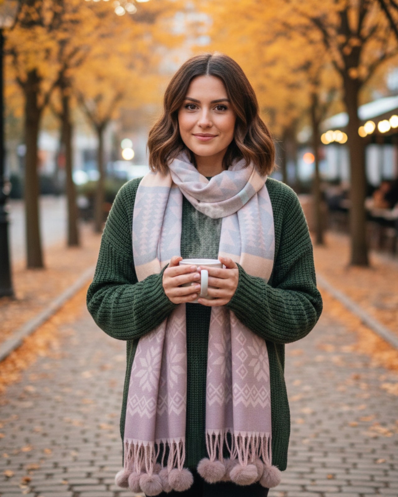 Woollen Stole with Pom Poms & Snowflake Pattern