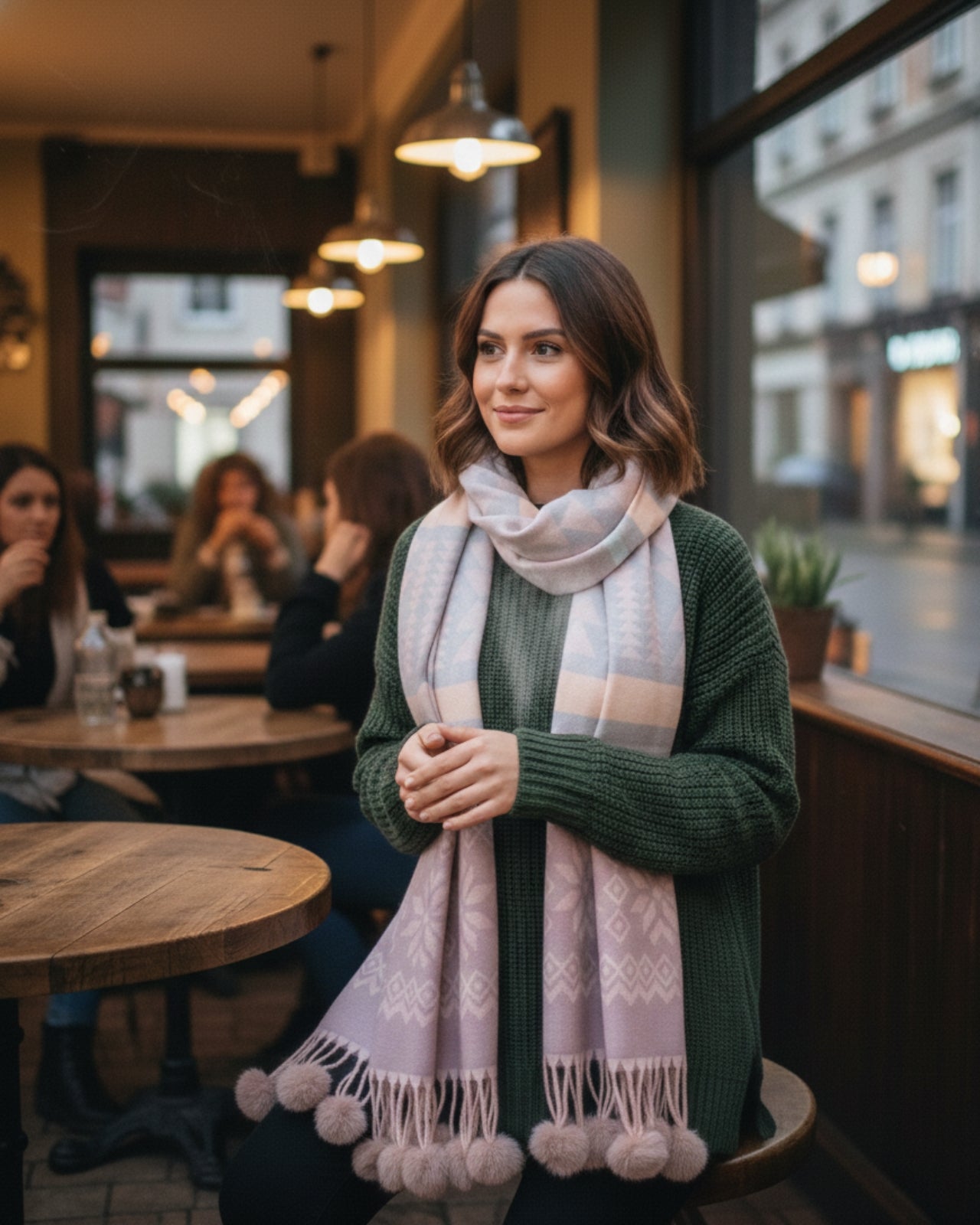 Woollen Stole with Pom Poms & Snowflake Pattern
