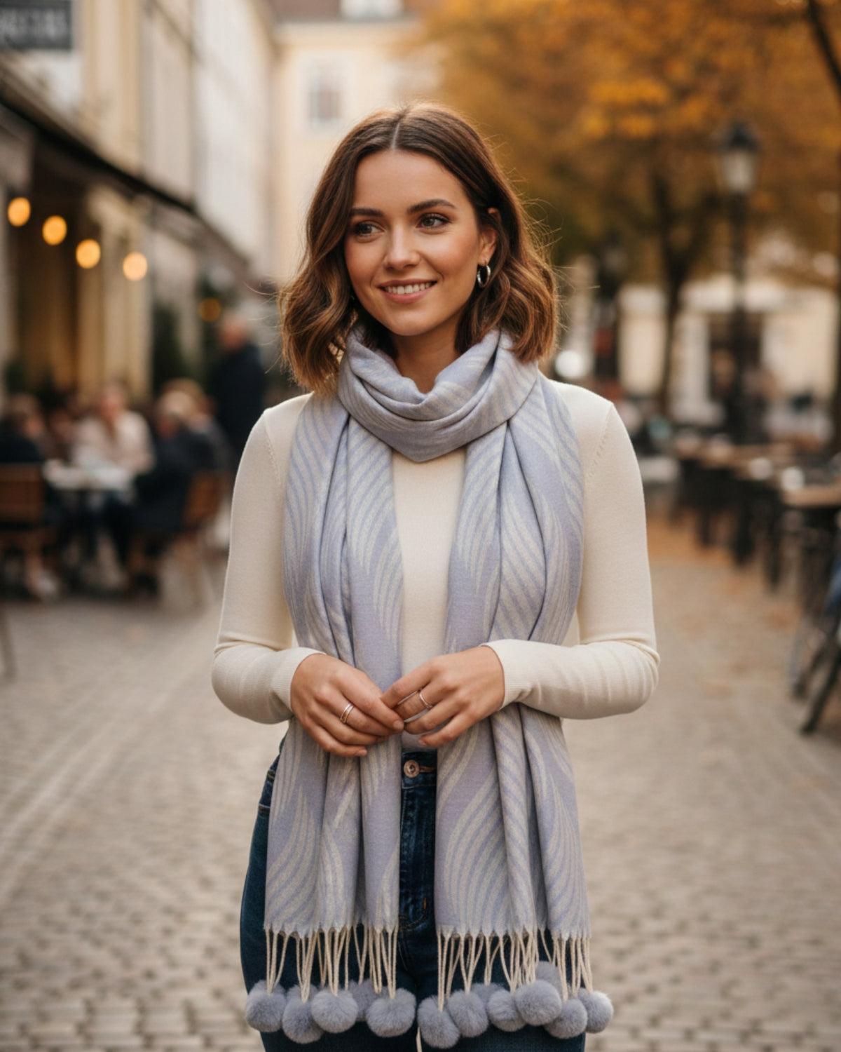 Swirl Patterned Stole with Pom-Pom