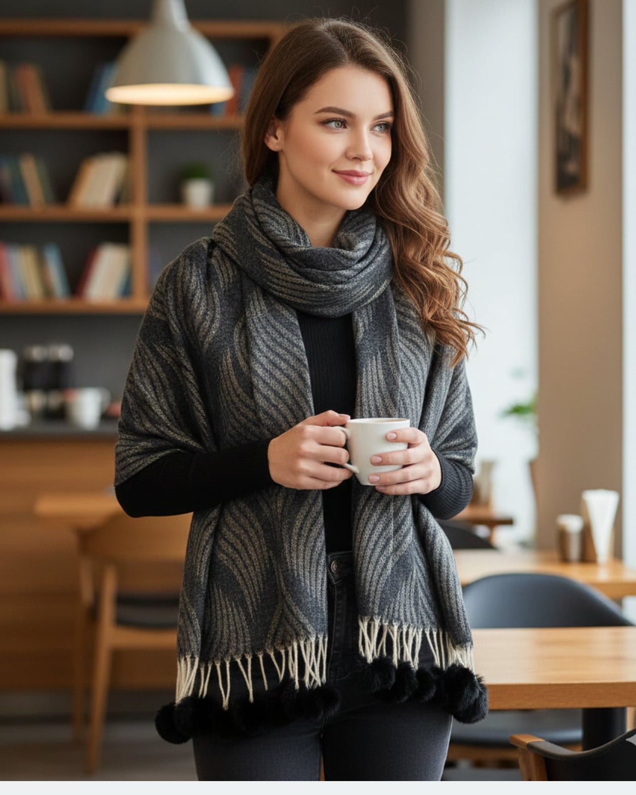 Swirl Patterned Stole with Pom-Pom