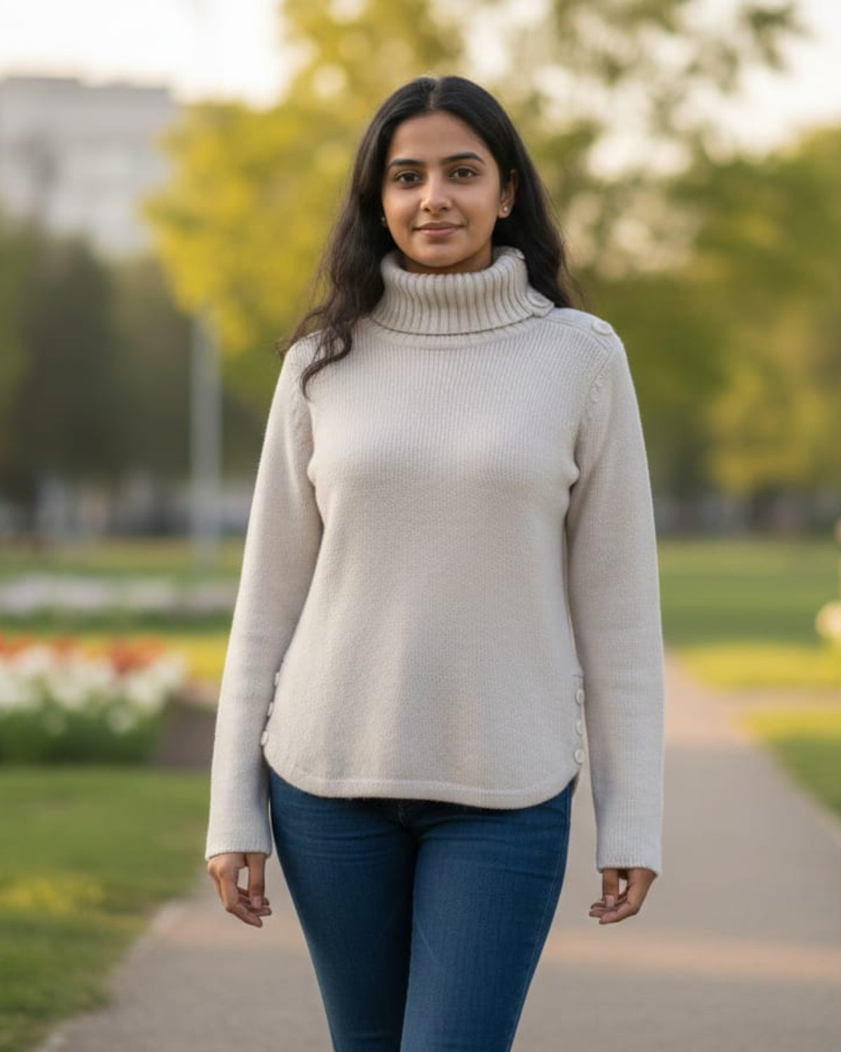 Women’s Ribbed Polo Neck Top with Side Buttons