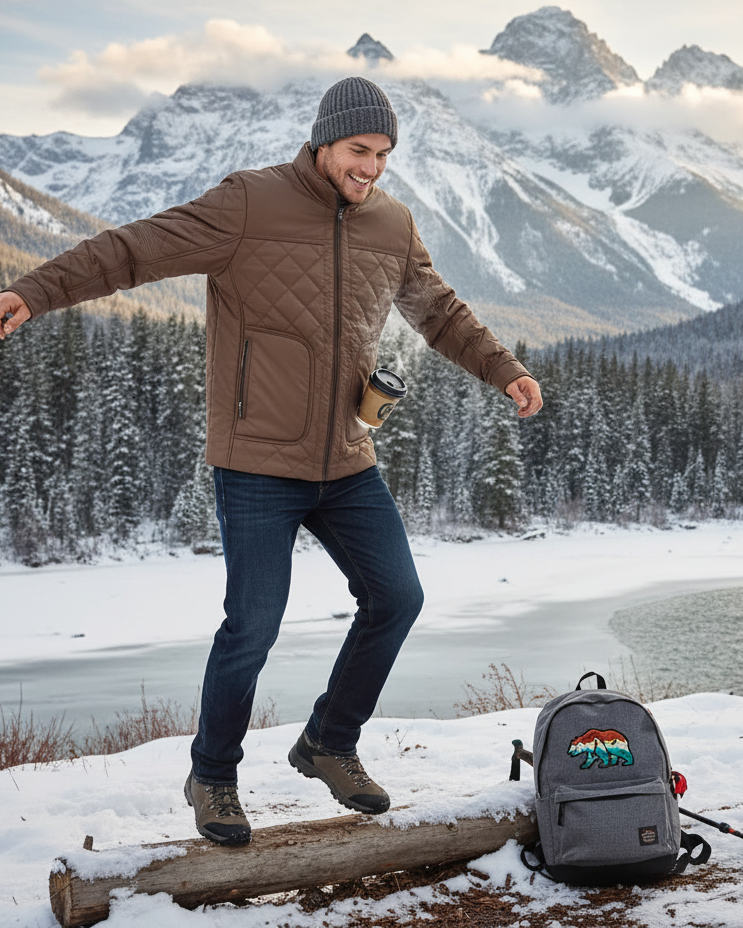 Man in Faux leather Jacket standing on a log with a backpack and ski poles in a snowy landscape with mountains.