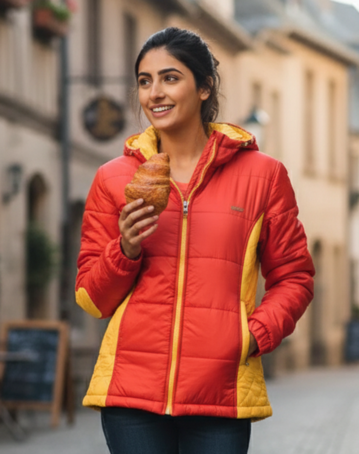 Women Red & Yellow Lightweight Puffer Jacket Rental