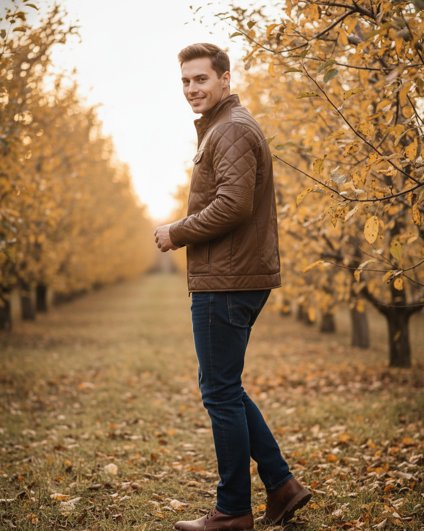 Man in a Faux leather Jacket standing in an orchard with autumn leaves