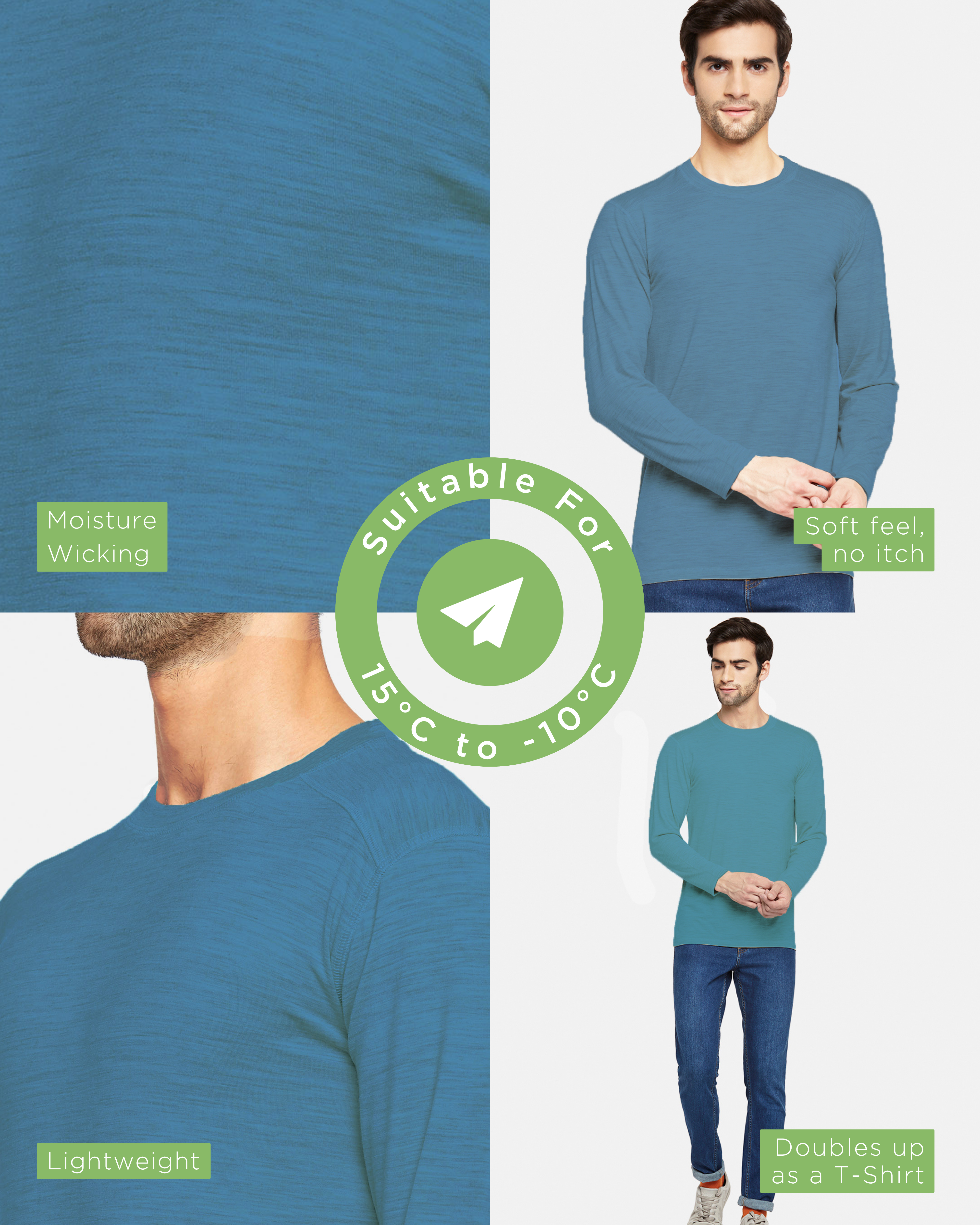 Full Sleeves Thermal | Merino Wool + Bamboo + Polyester For Men's
