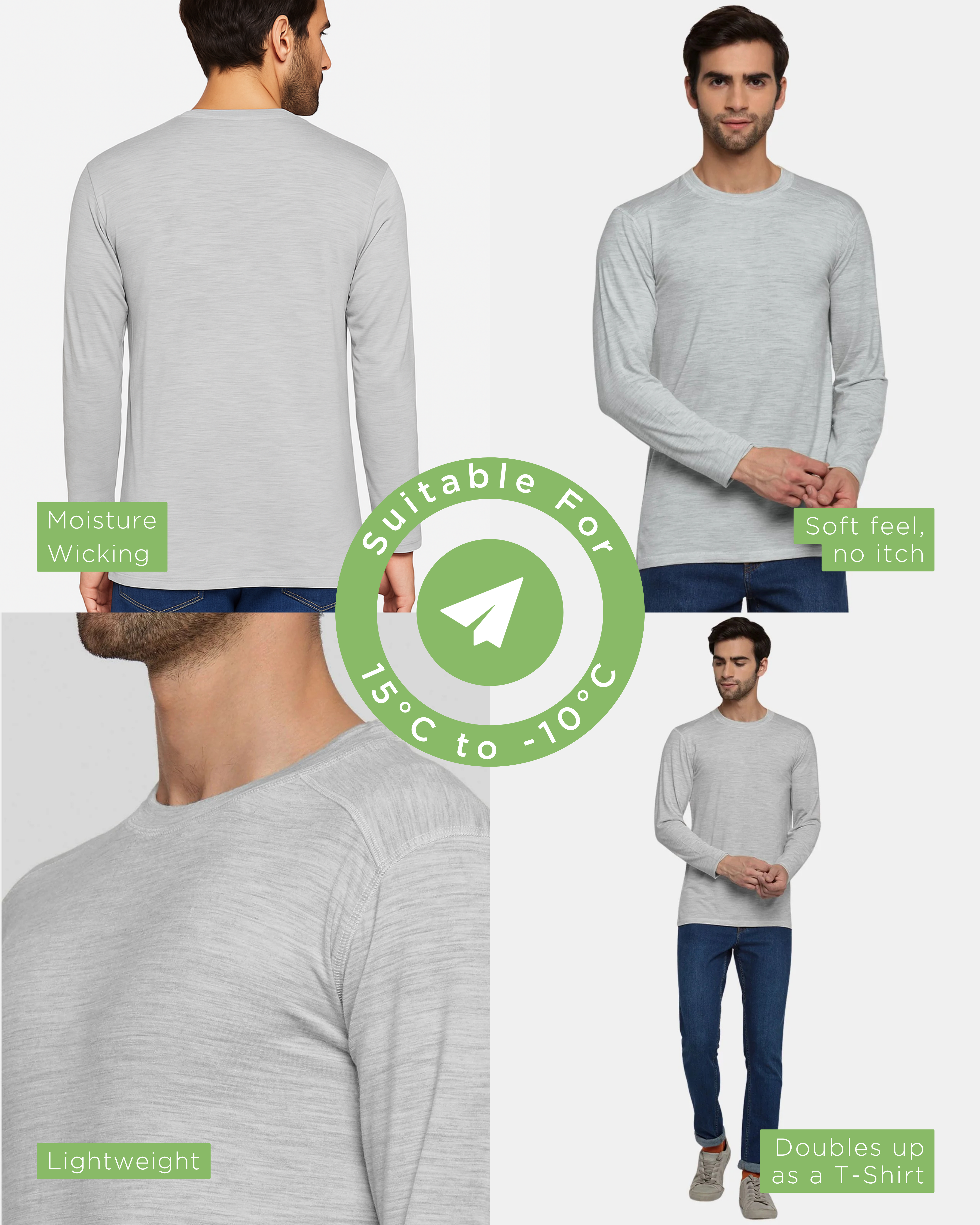 Full Sleeves Thermal | Merino Wool + Bamboo + Polyester For Men's