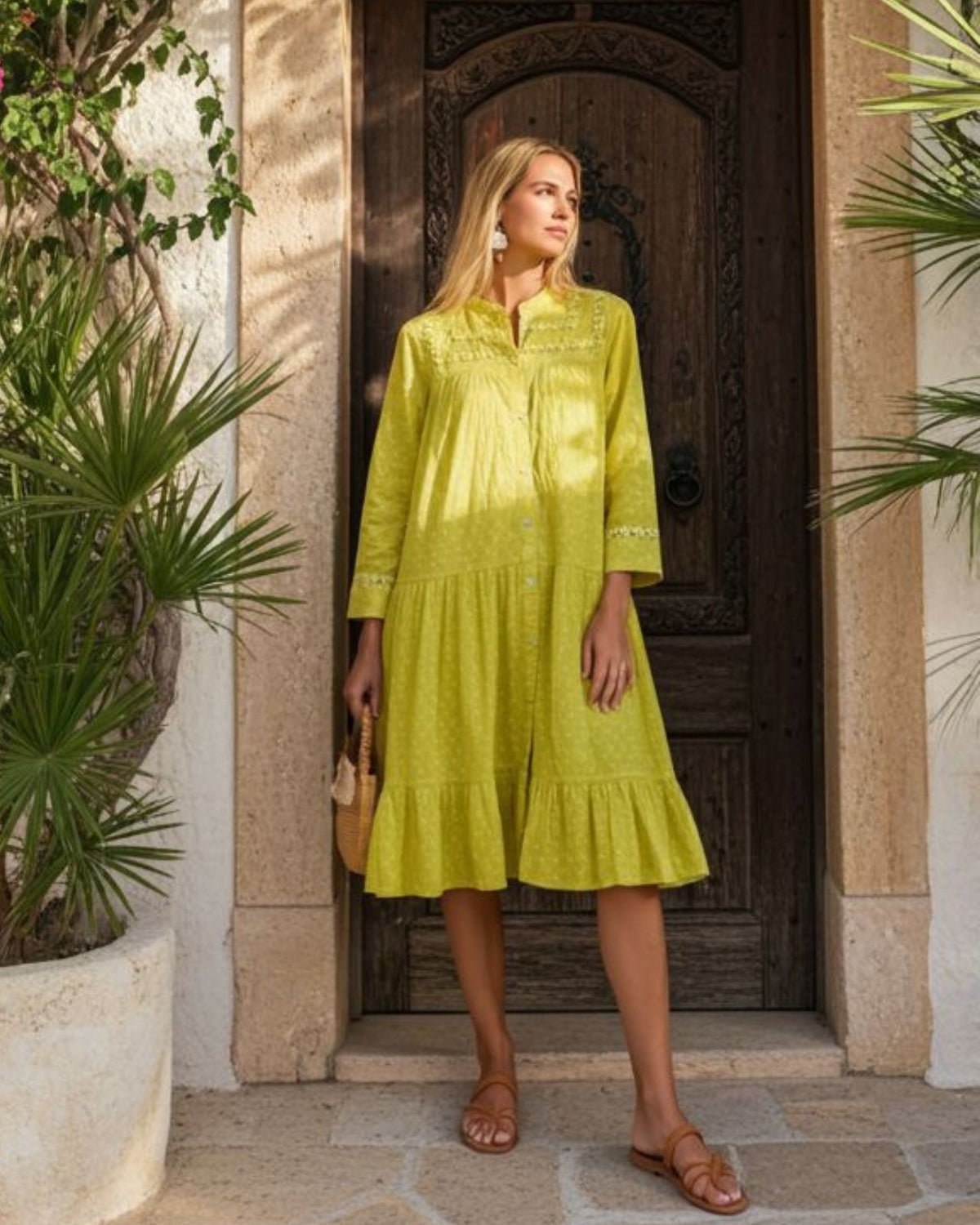 Lemon Lime Cotton Midi Dress - A breezy lemon Lime green cotton midi dress perfect for warm weather Image 3