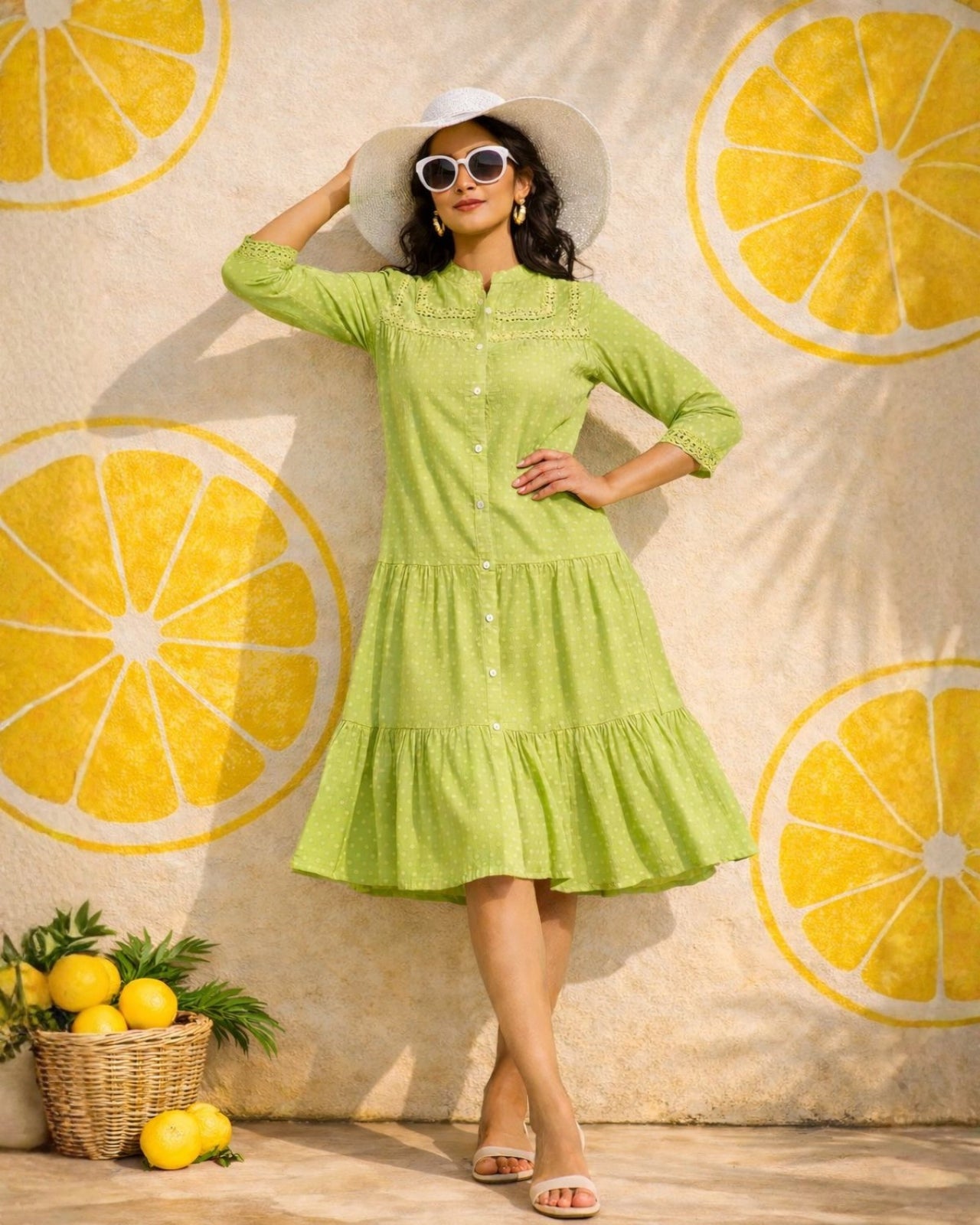 Lemon Lime Cotton Midi Dress - A breezy lemon Lime green cotton midi dress perfect for warm weather Image 1