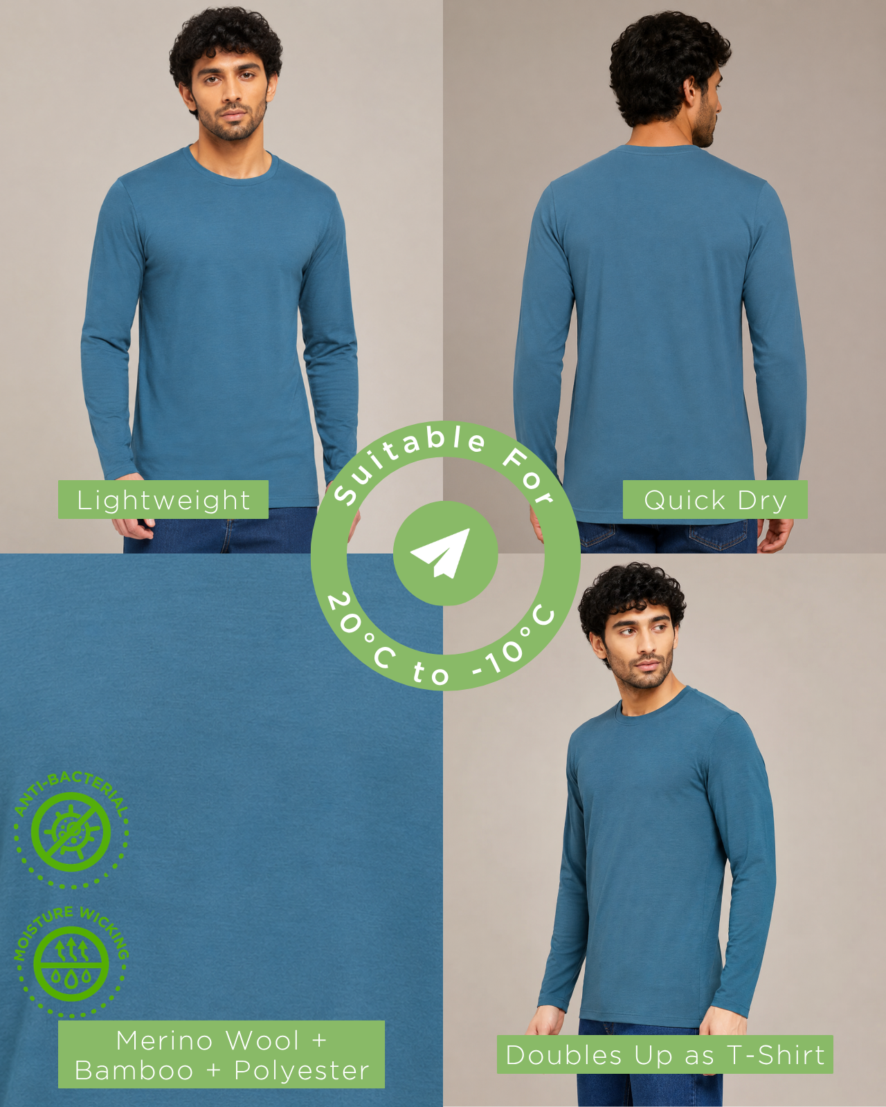 Full Sleeves Thermal | Merino Wool + Bamboo + Polyester For Men's