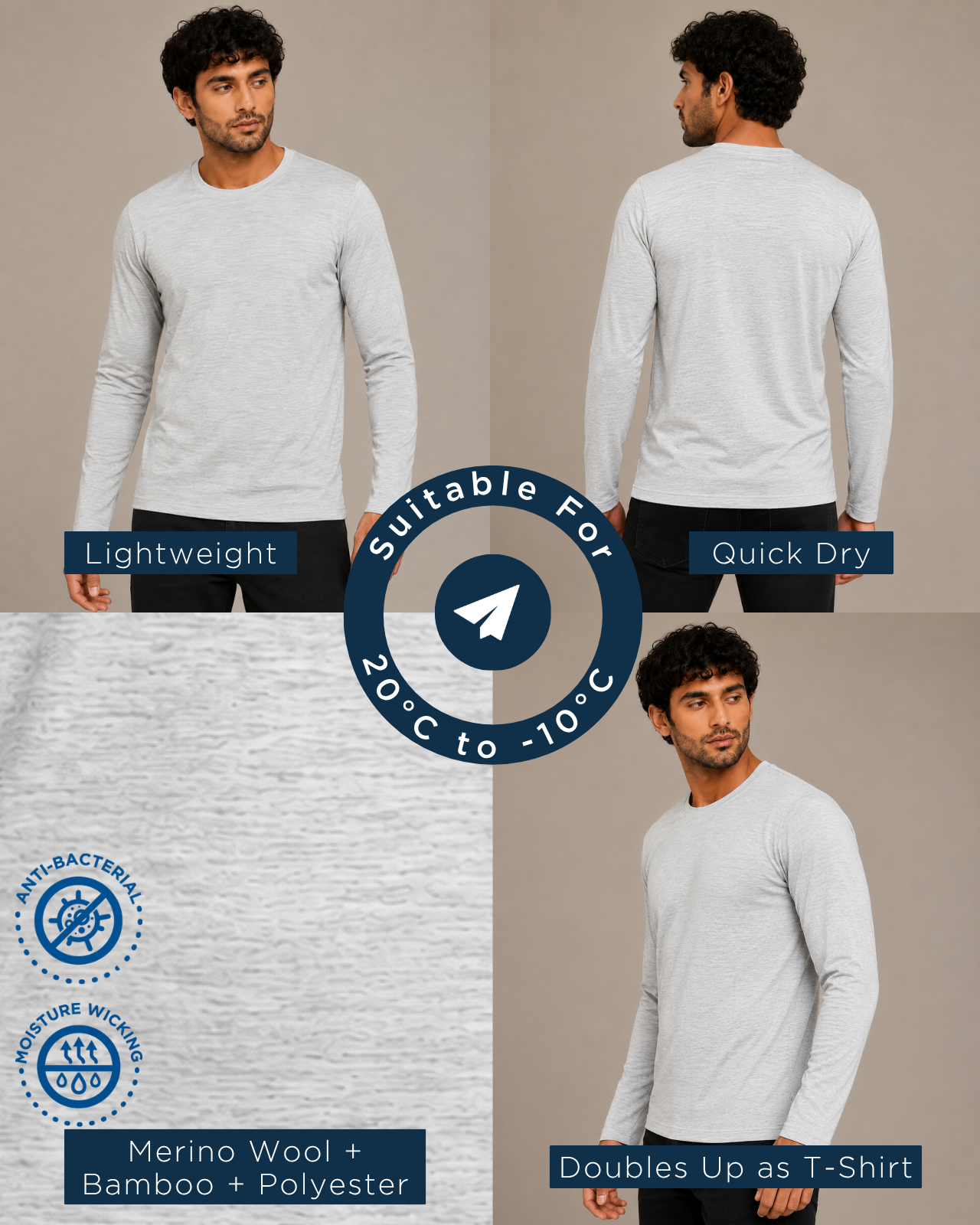 Full Sleeves Thermal | Merino Wool + Bamboo + Polyester For Men's