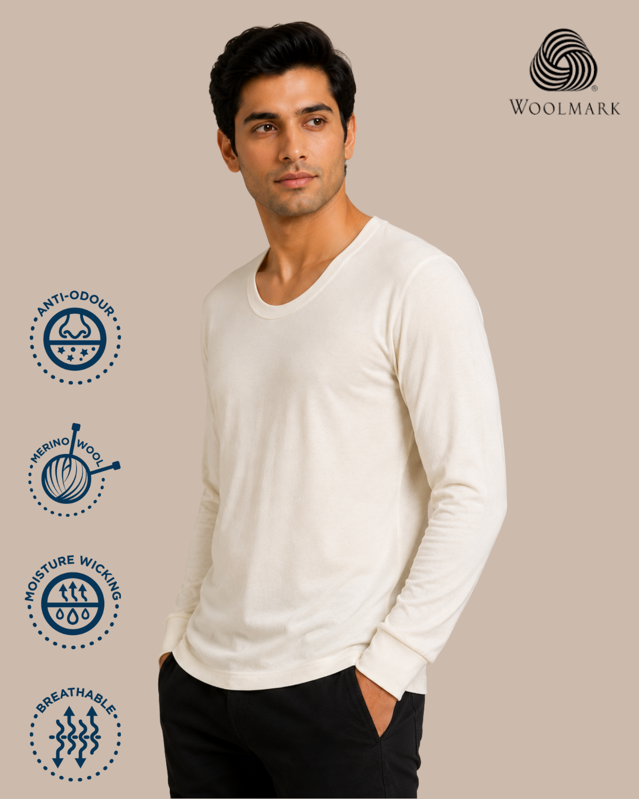 100% Merino Wool Full Sleeves Thermal Top For Men