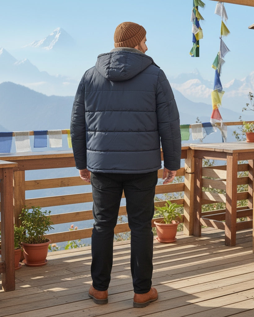 Person wearing a blue puffer jacket and brown beanie standing on a wooden deck with mountains in the background.
