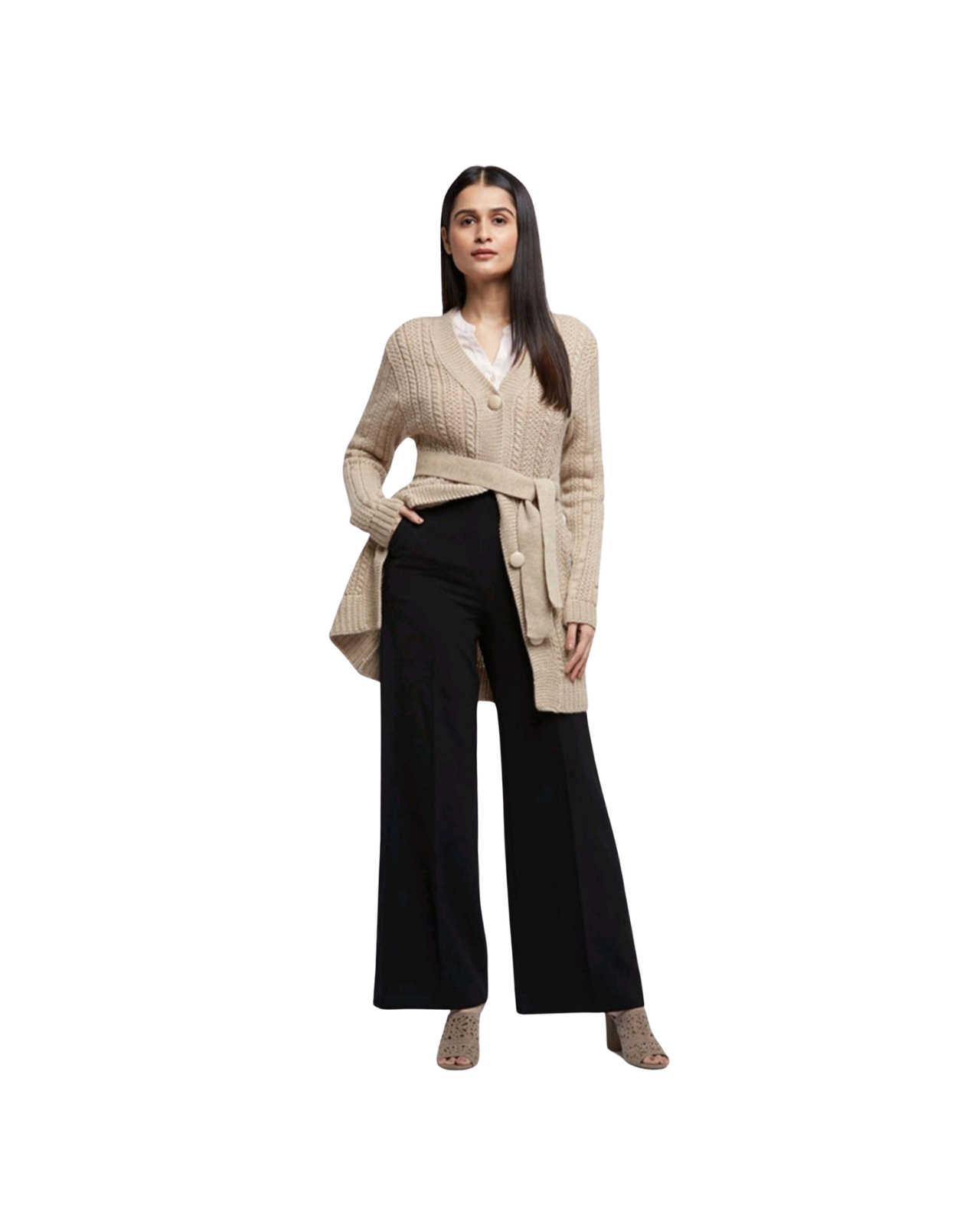 Merino Wool Long Cardigan With Belt For Women