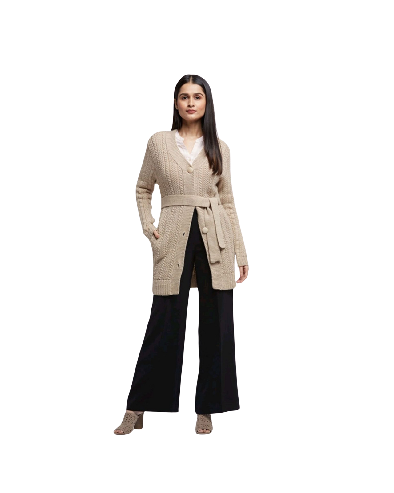 Merino Wool Long Cardigan With Belt For Women
