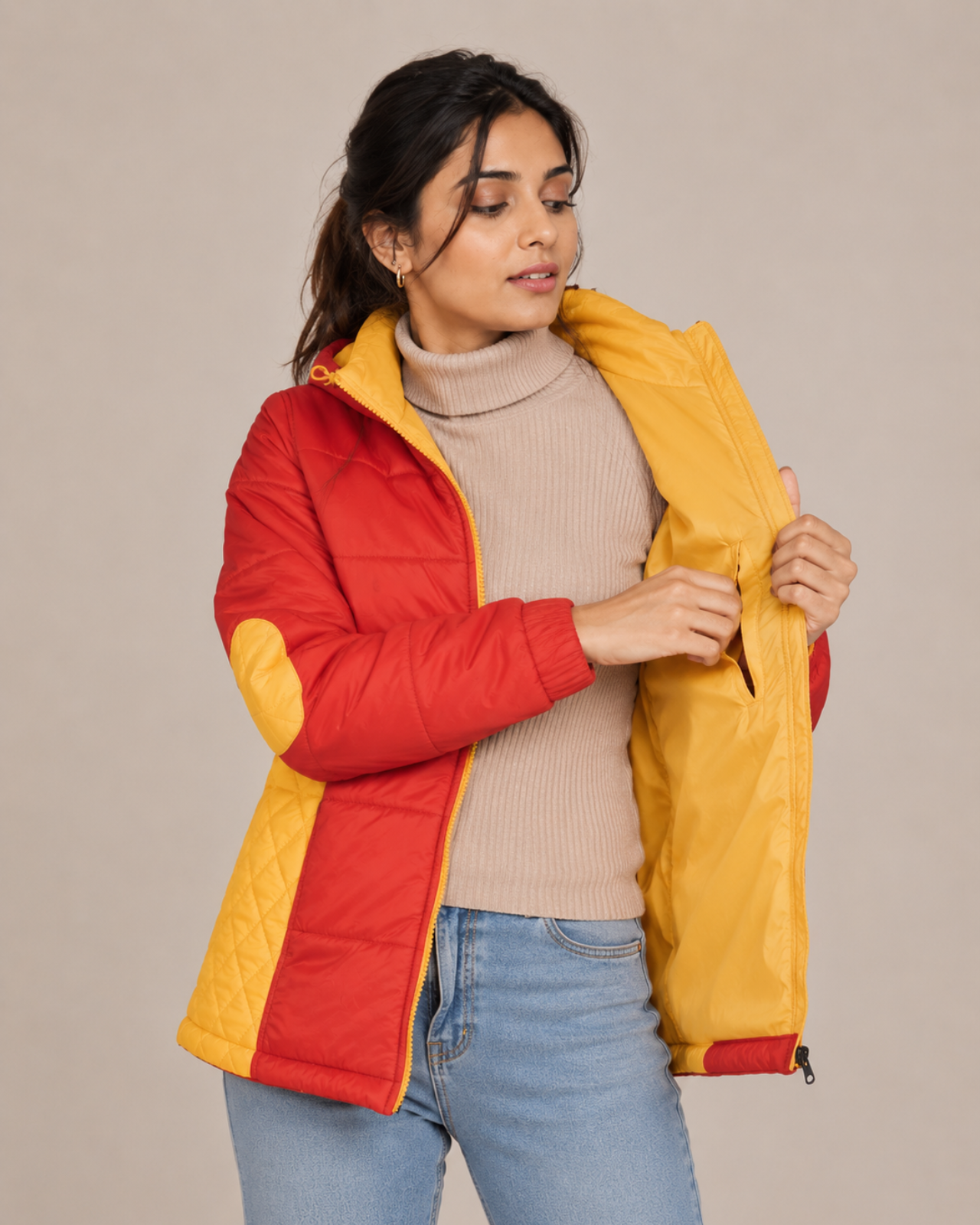 Women Red & Yellow Lightweight Puffer Jacket Rental