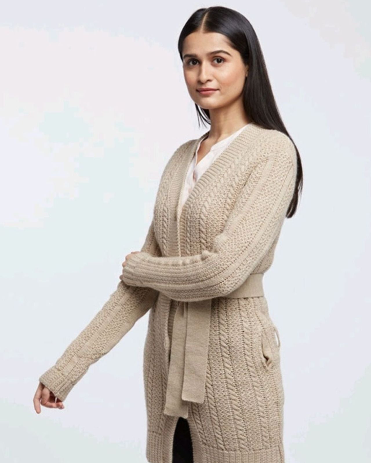 Merino Wool Long Cardigan With Belt For Women