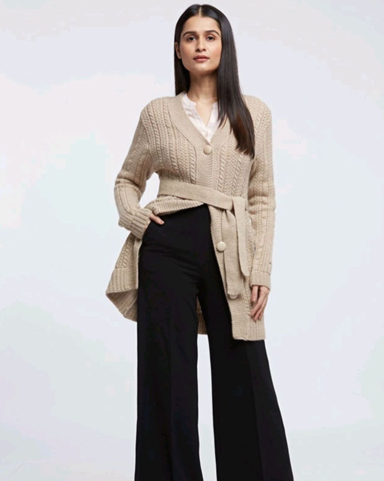 Merino Wool Long Cardigan With Belt For Women