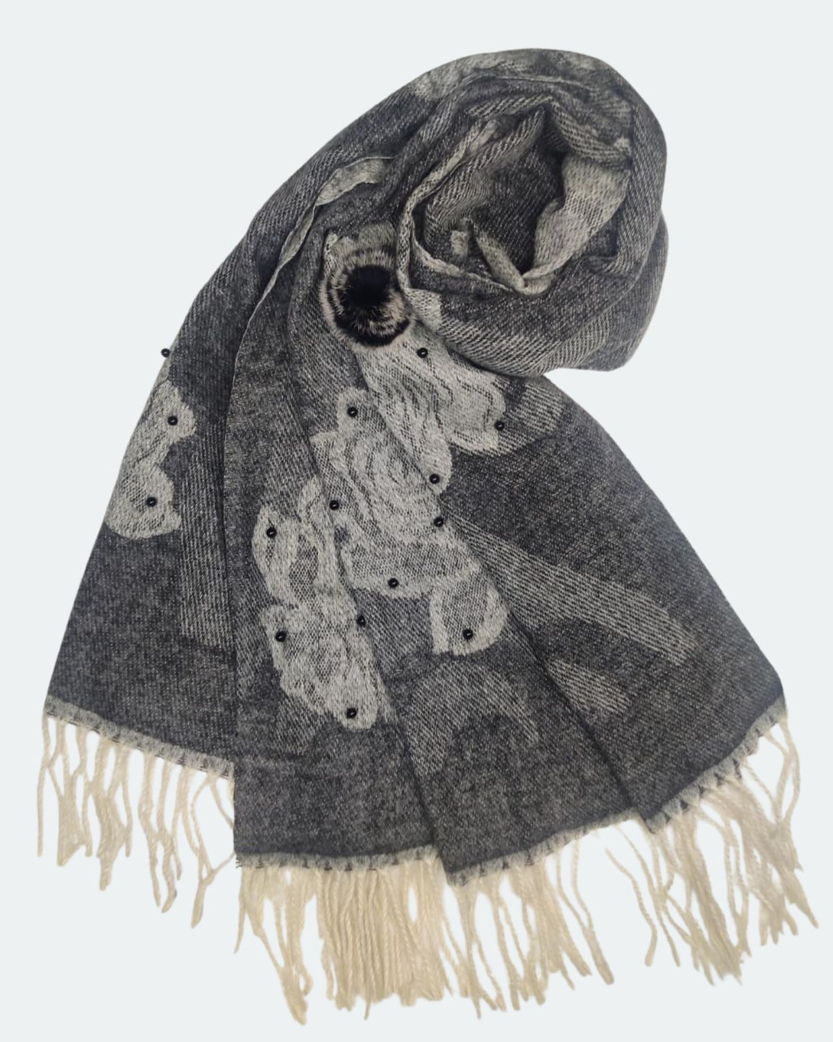 Elegant Pearl Embellished Woollen Stole For Women