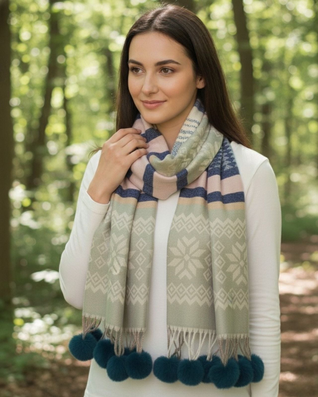 Woollen Stole with Pom Poms & Snowflake Pattern