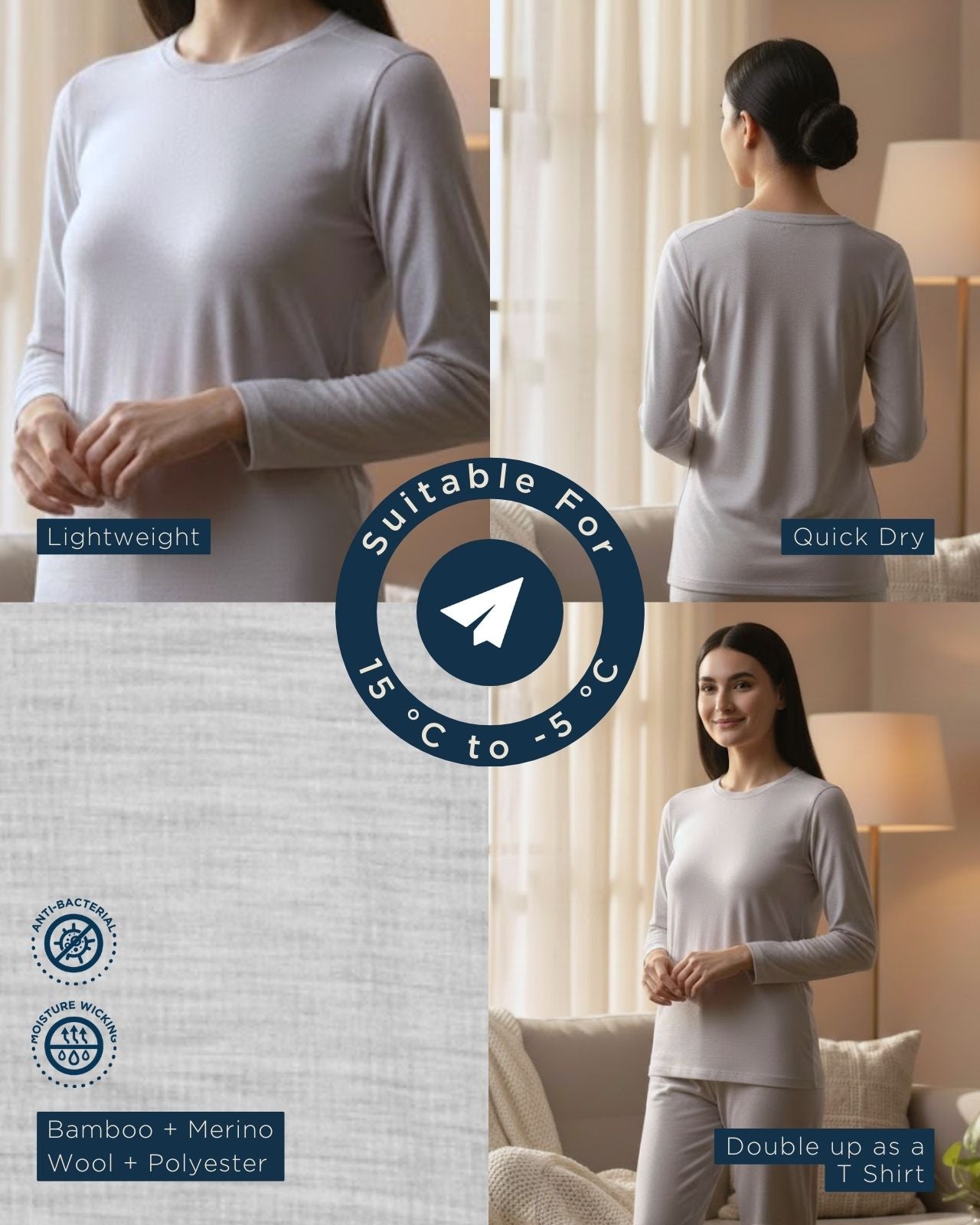 Full Sleeves Thermal | Merino Wool + Bamboo + Polyester For Women's