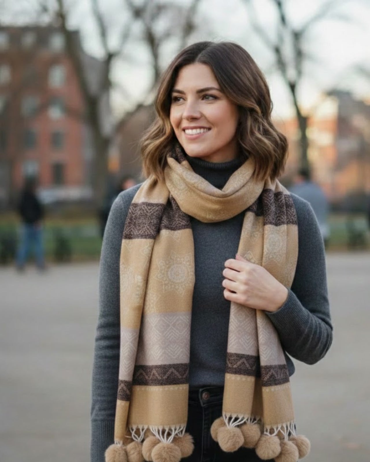 Woollen Stole with Pom Poms & Snowflake Pattern