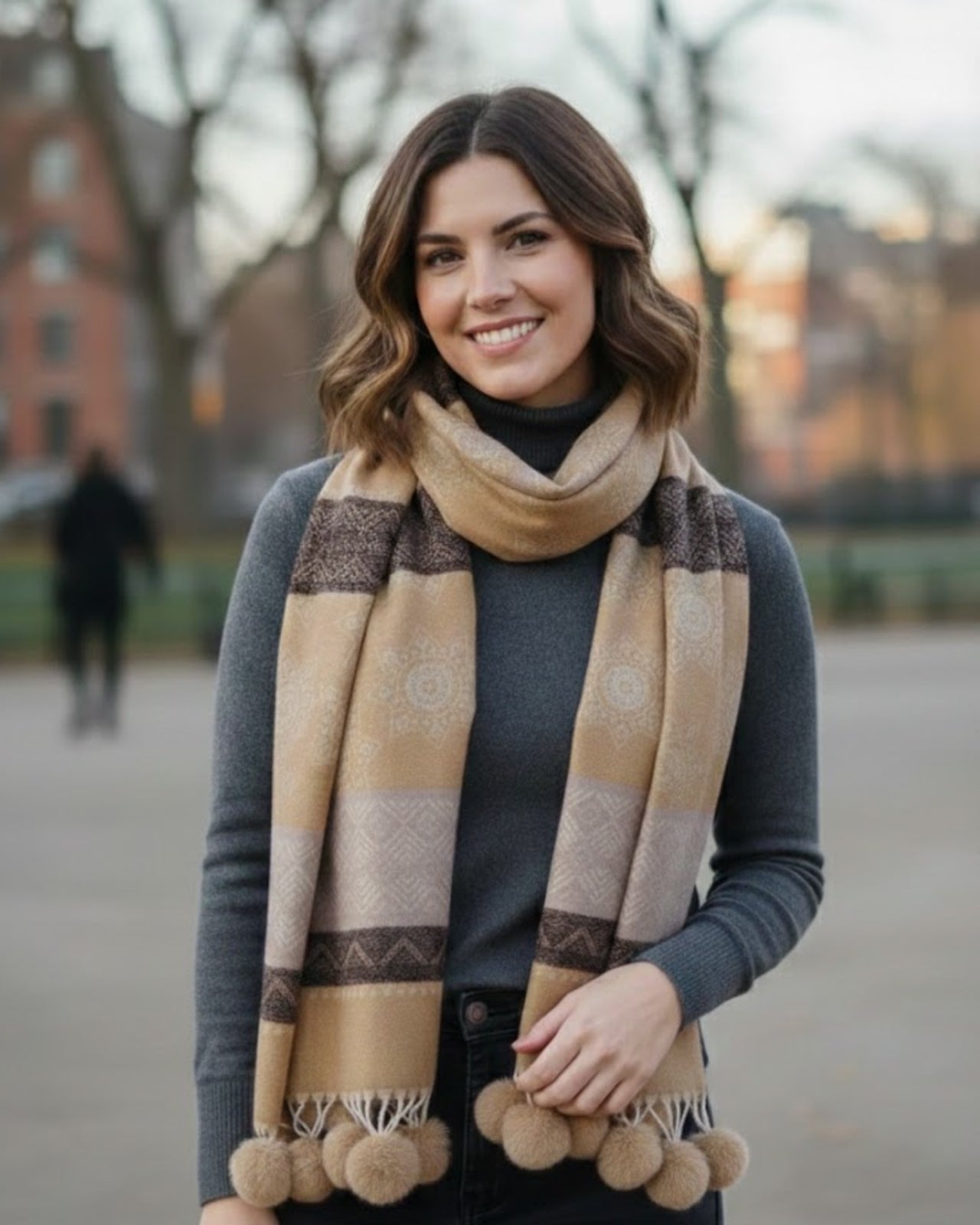 Woollen Stole with Pom Poms & Snowflake Pattern