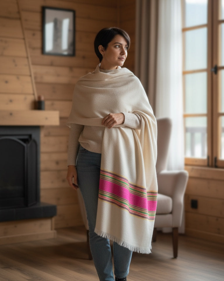 Woman wearing a cream sheep wool shawl with colorful stripes in a cozy room.