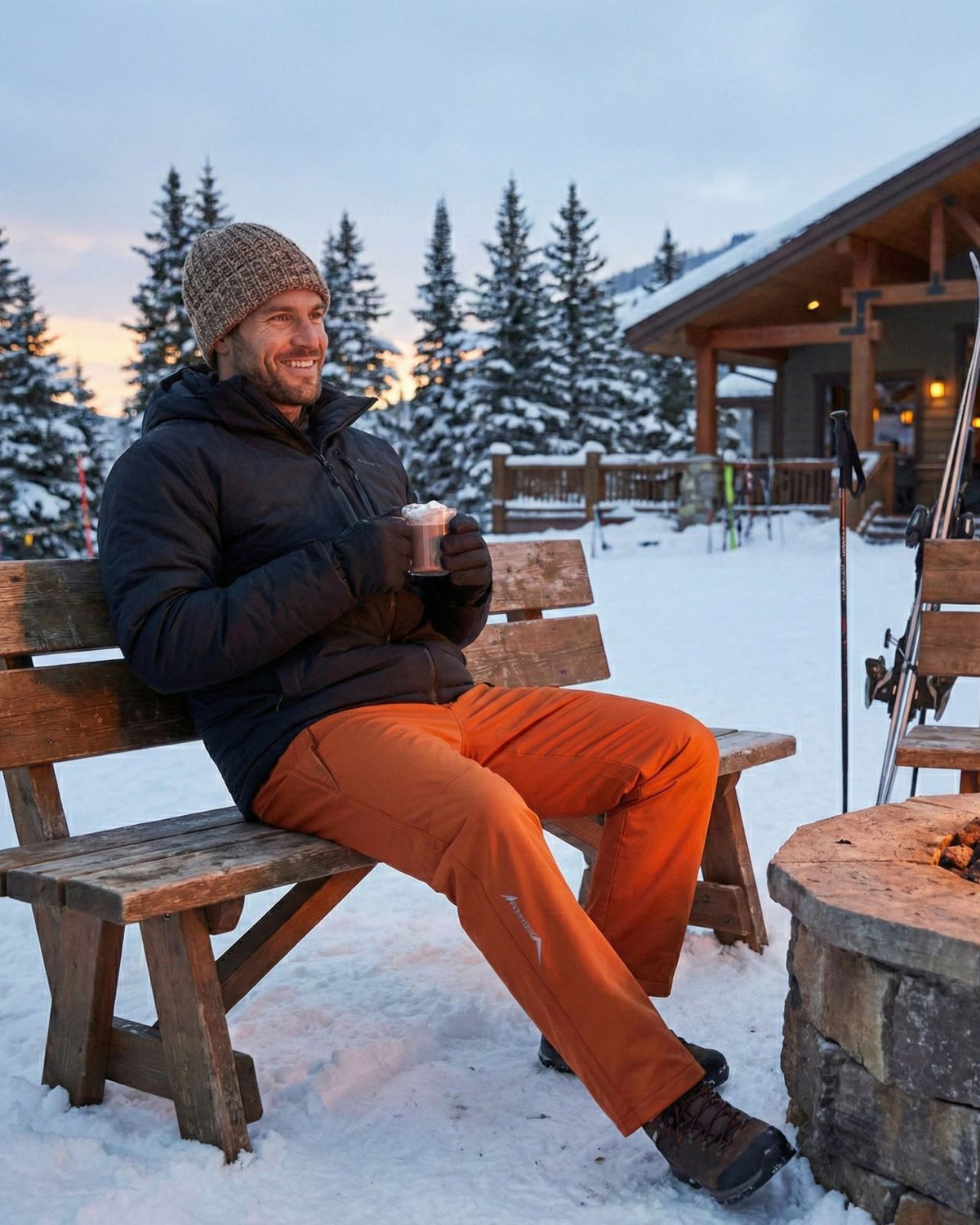 Man sitting on a wooden bench in a snowy landscape