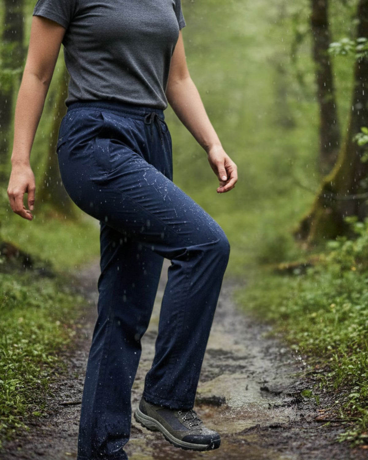 Person wearing blue waterproof  pants and a gray shirt walking on a muddy path in a forest.